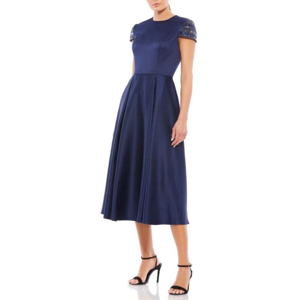 NWOT Mac Duggal High Neck Cap Sleeve Tea Length Dress Size 16